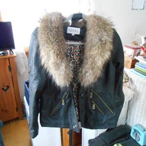 ADORE FAUX LEATHER MOTO JACKET-REMOVABLE FAUX FUR COLLAR-EXCELLENT